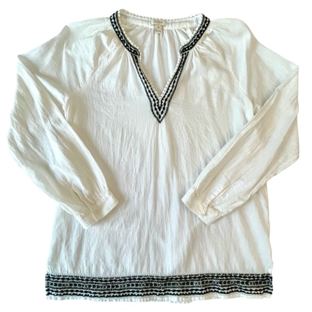 J Crew White Gauzy Cotton Black Silver Embroidered Trim Split Neck Top Sz M